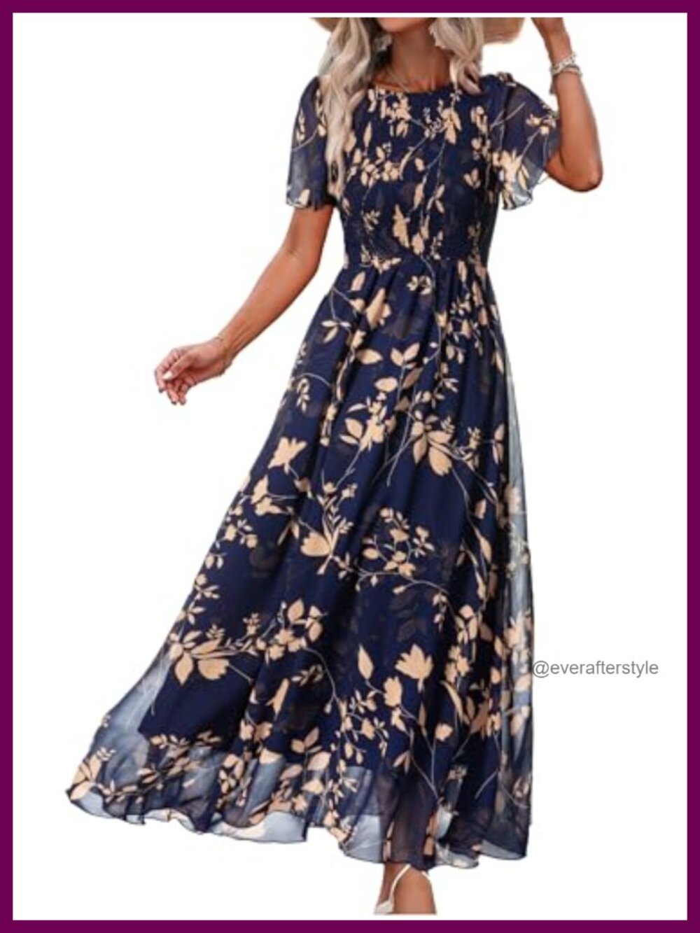 Women's Floral Chiffon Smocked Maxi Dress Short Sleeve A-line